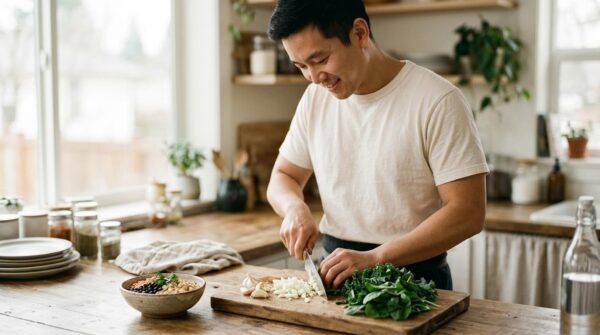 East Asian man chopping garlic, onions, and greens for prebiotic fiber
