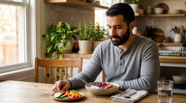 Middle Eastern man eating yogurt and vegetables while reading a nutrition book