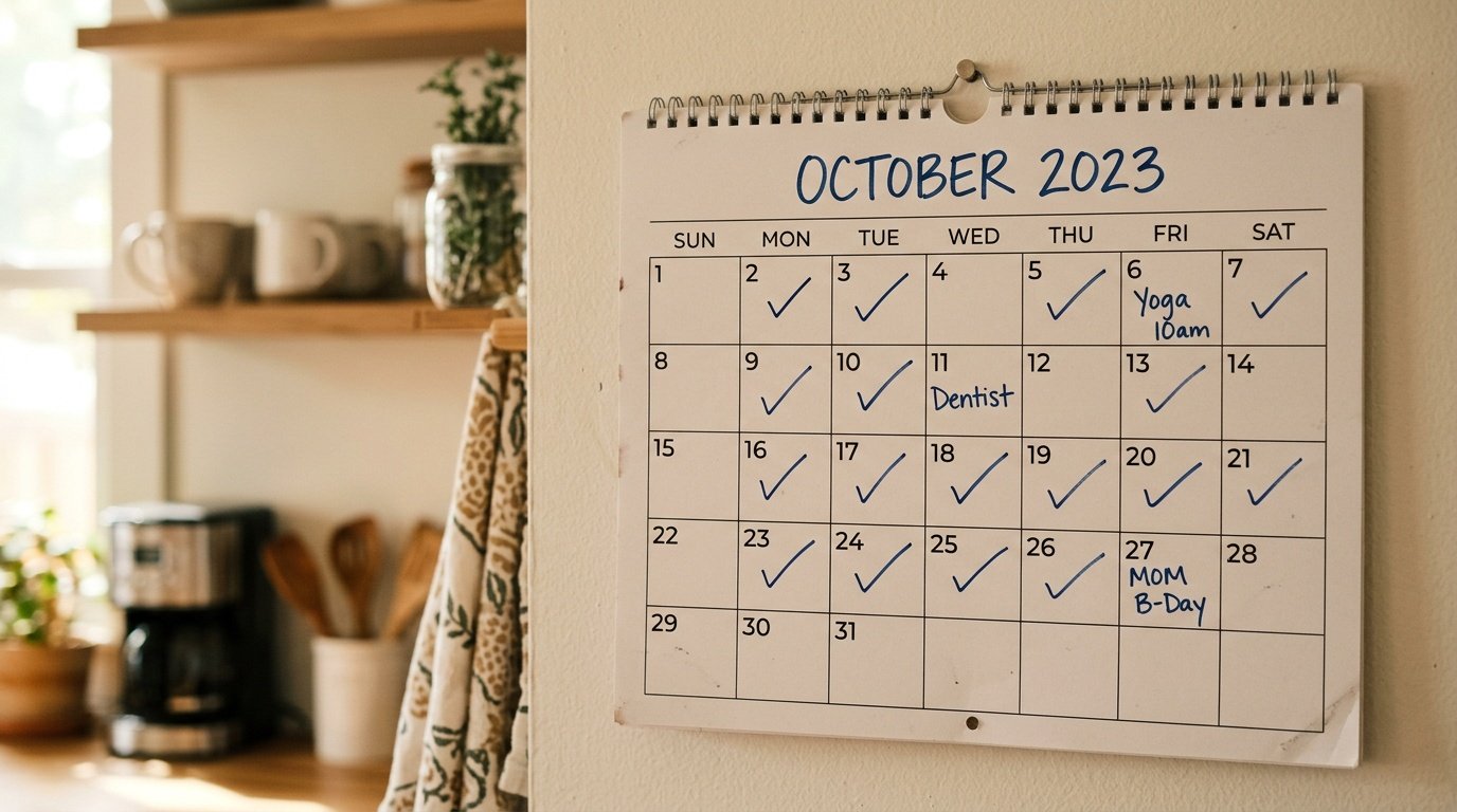 calendar with small daily checkmarks tracking weeks of consistent sustainable weight loss habits