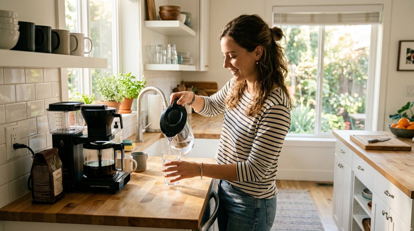young adult stacking a new water drinking habit onto her morning coffee routine in a bright kitchen
