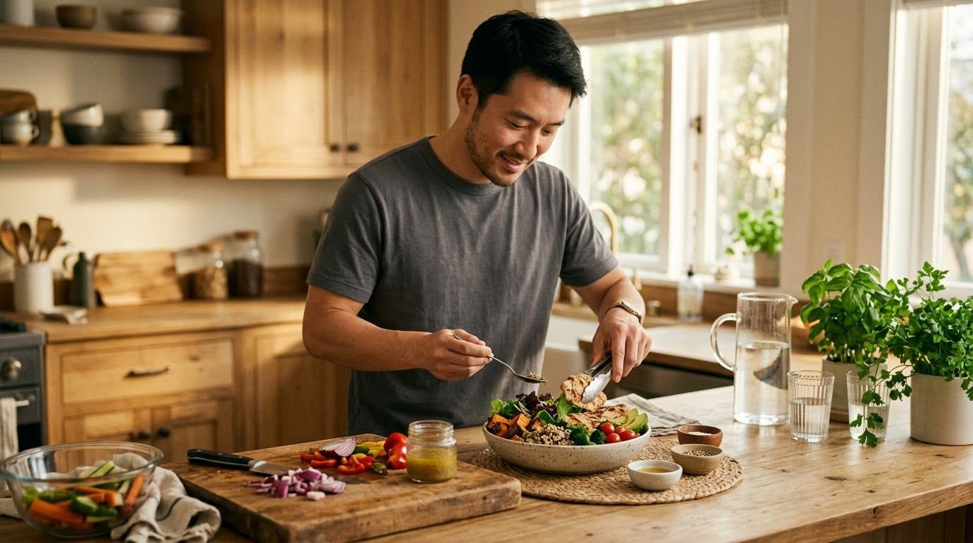 Man preparing a lean protein and vegetable bowl as part of a belly fat diet plan