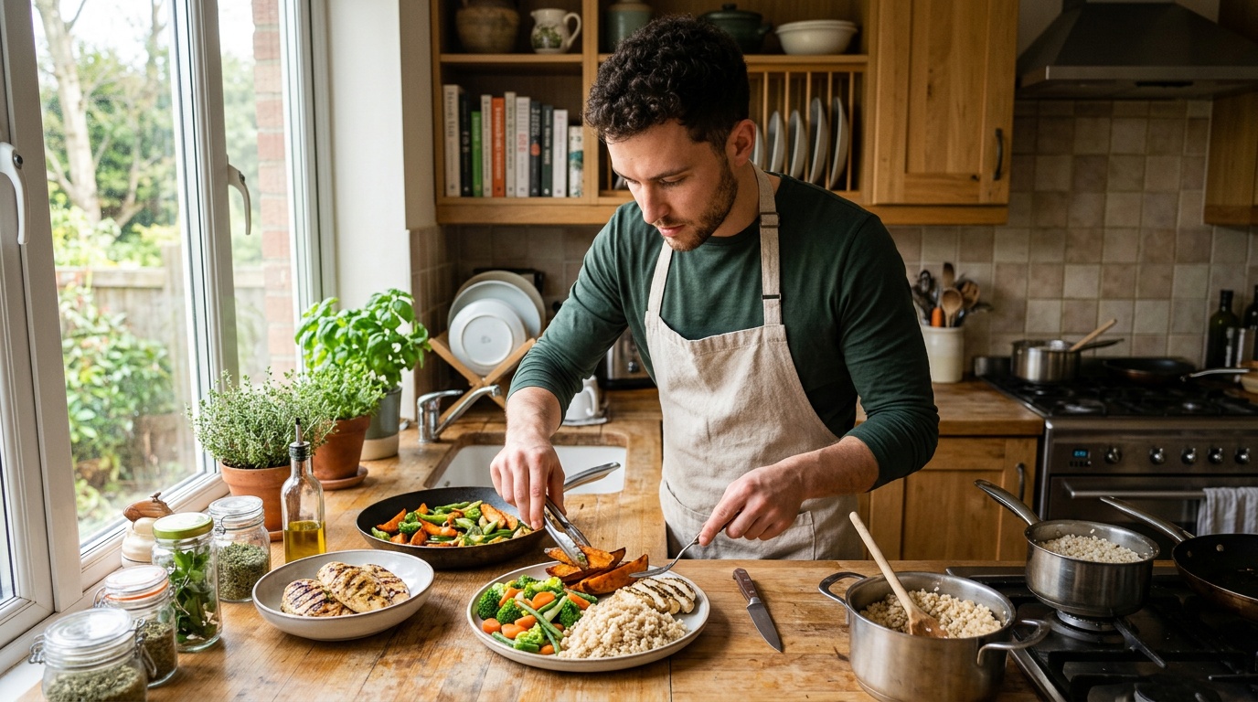 young adult preparing a balanced plate as part of healthy dietary habits