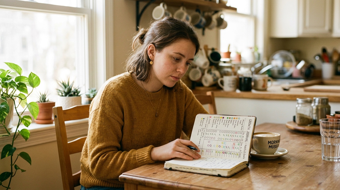 woman reflecting on healthy lifestyle habits with a journal at her kitchen table