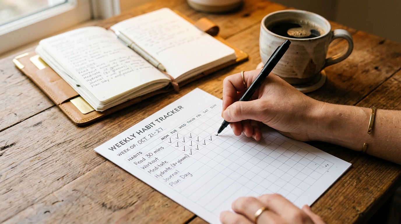 weekly checklist and journal on a desk used to review a healthy lifestyle routine