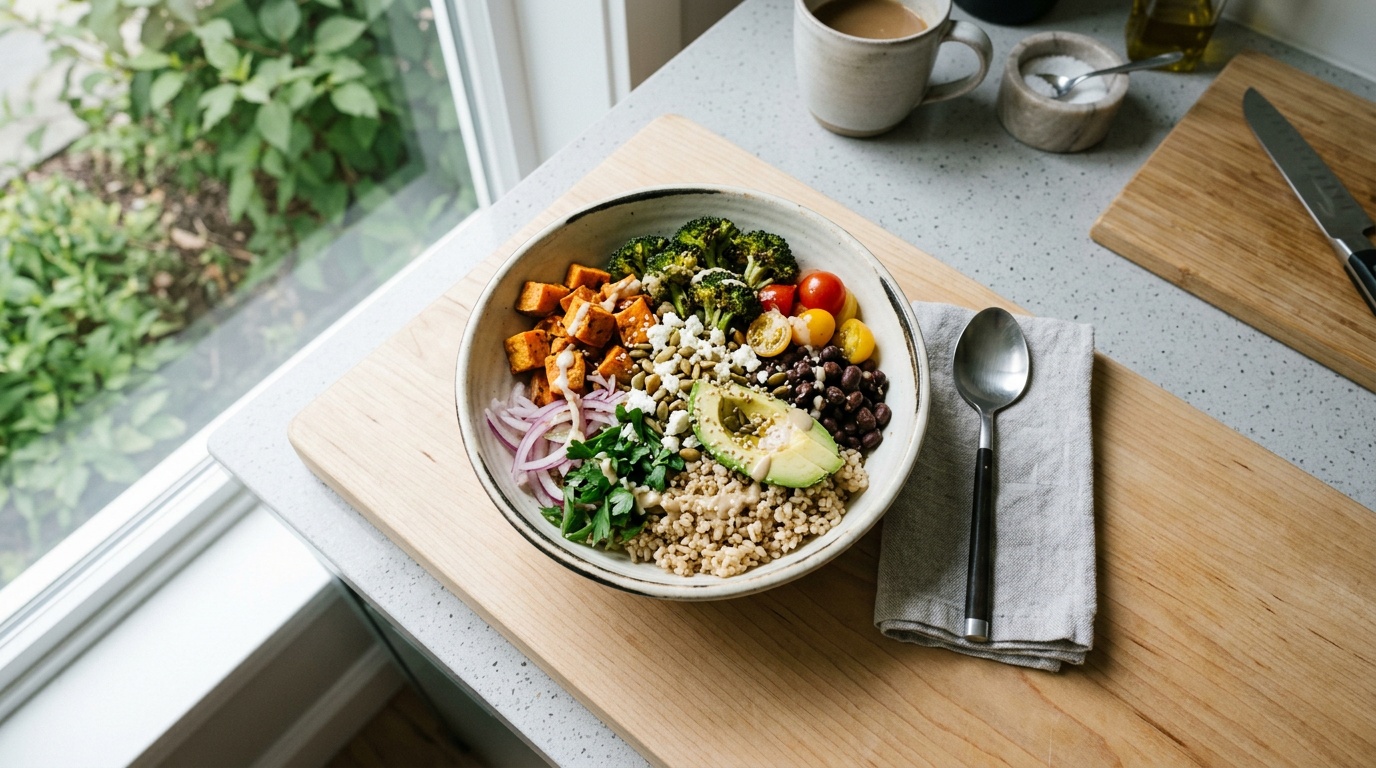 simple home-cooked meal on a kitchen counter reflecting consistent meal timing in a healthy lifestyle routine