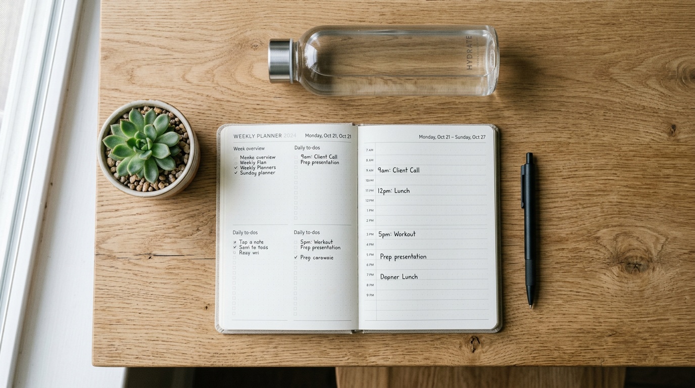 flatlay of a weekly planner showing a healthy lifestyle routine five-anchor framework