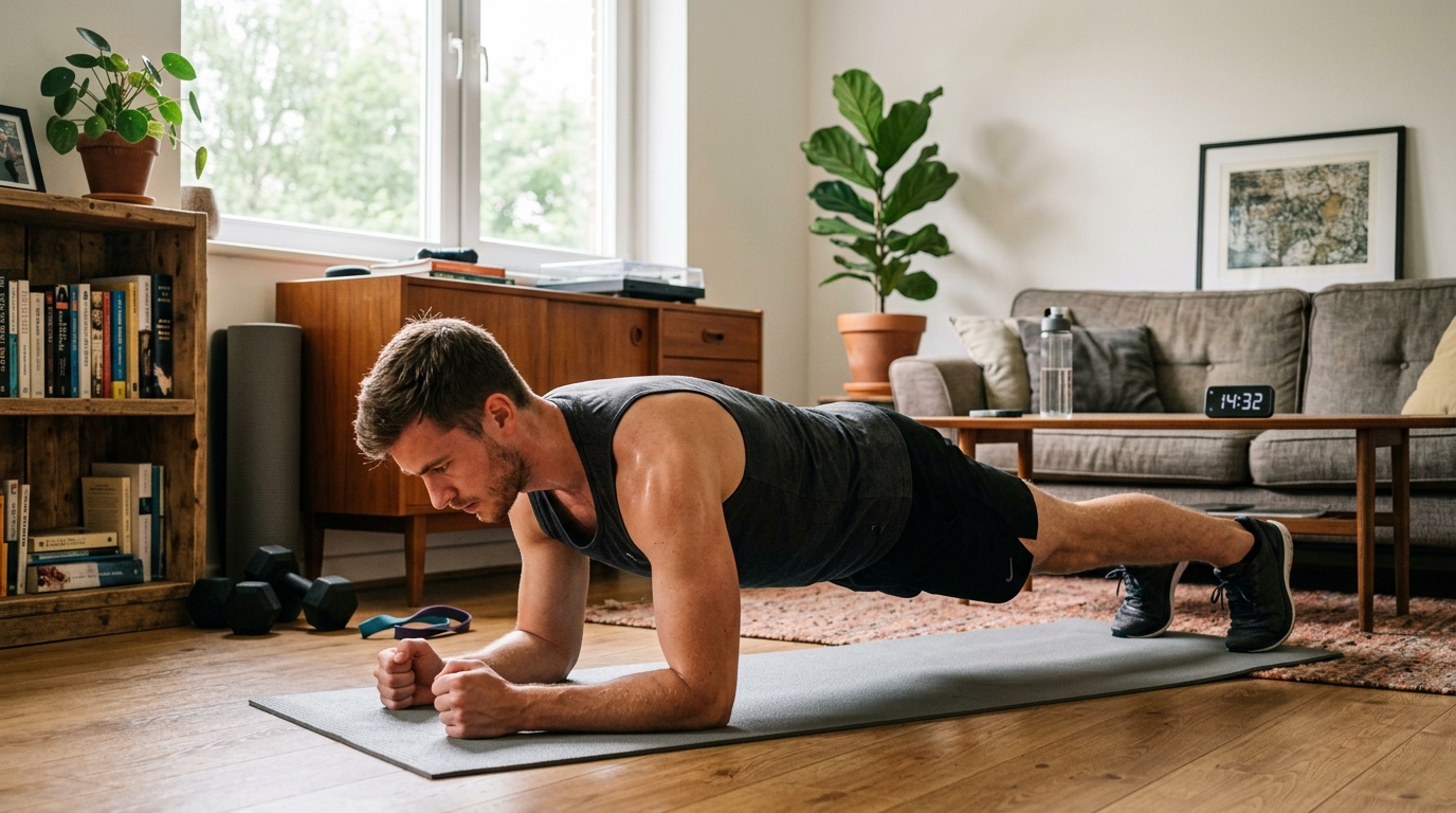 young adult doing a short bodyweight workout at home as part of a healthy lifestyle routine