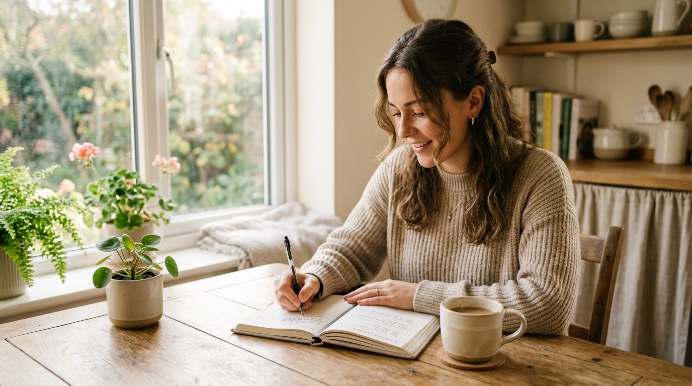 young adult planning a healthy lifestyle routine in a notebook at a sunlit kitchen table