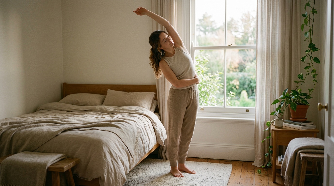 woman stretching by a window as part of her healthy lifestyle routine morning stretch