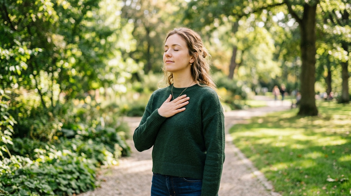 young adult taking a short outdoor breathing break to reset stress within a healthy lifestyle routine