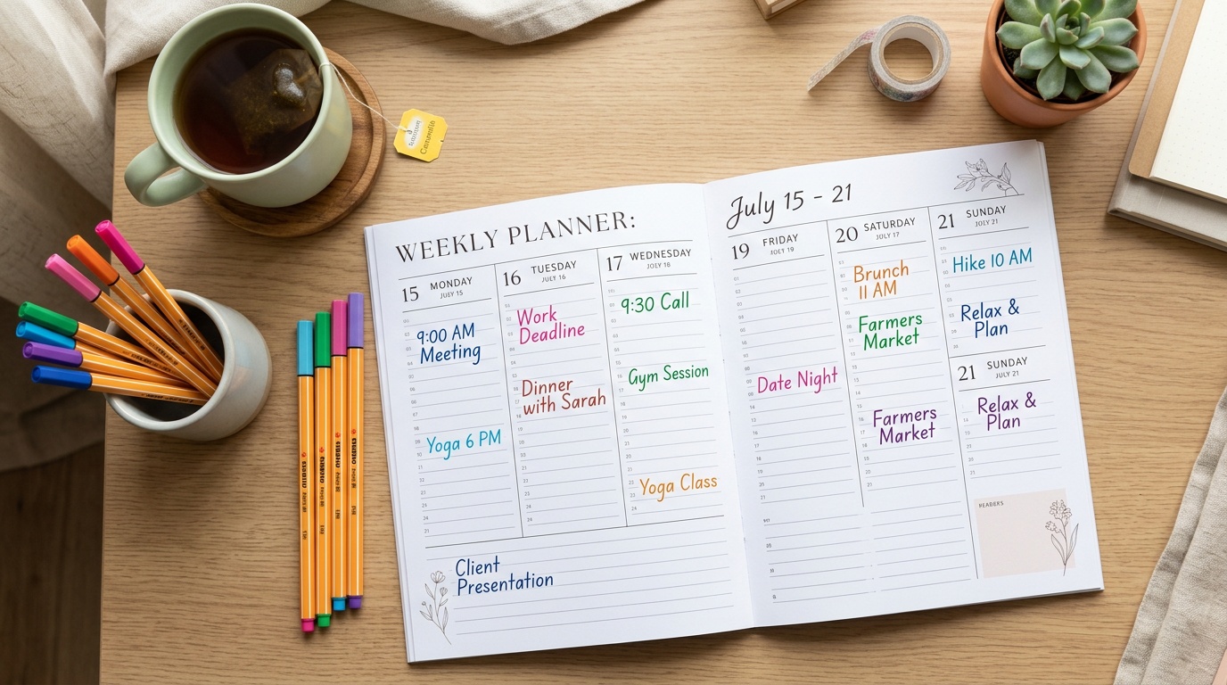 seven-day weekly planner calendar for building a personalized healthy lifestyle routine