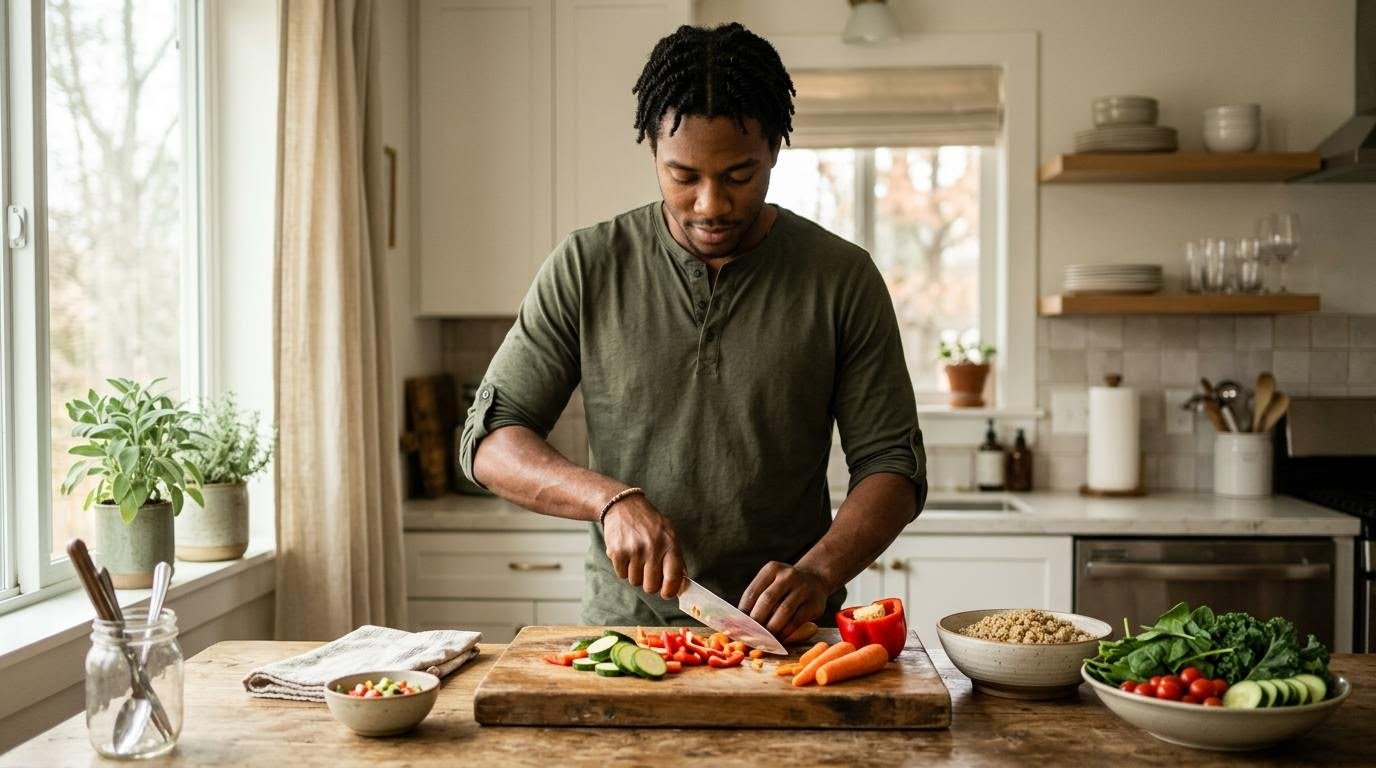 Black American man chopping vegetables for a balanced home-cooked meal