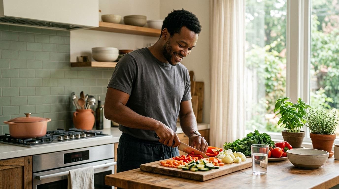 Black American man chopping colorful vegetables in a bright kitchen to support belly fat loss