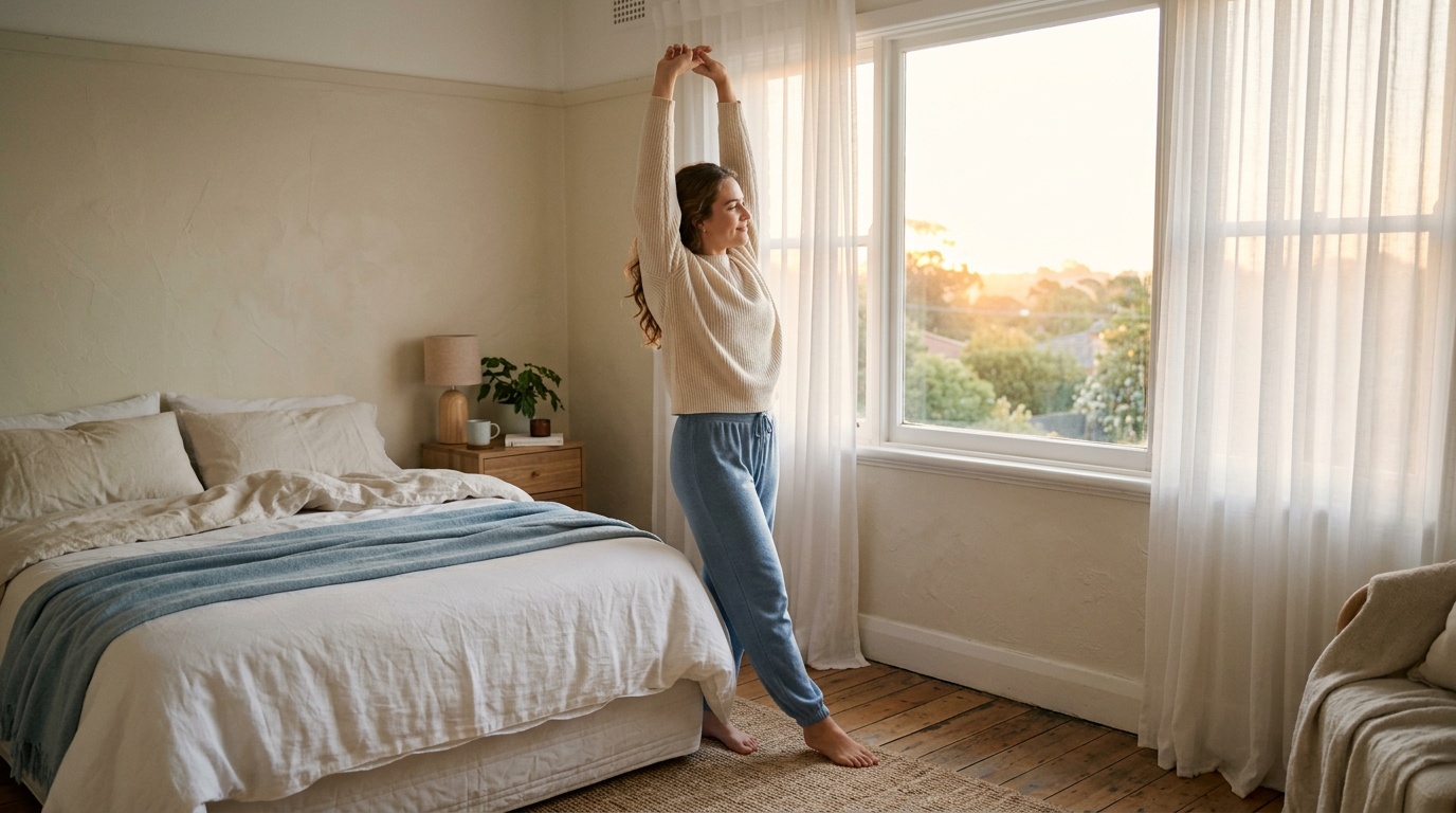 young woman stretching after a full night of sleep as part of healthy lifestyle habits