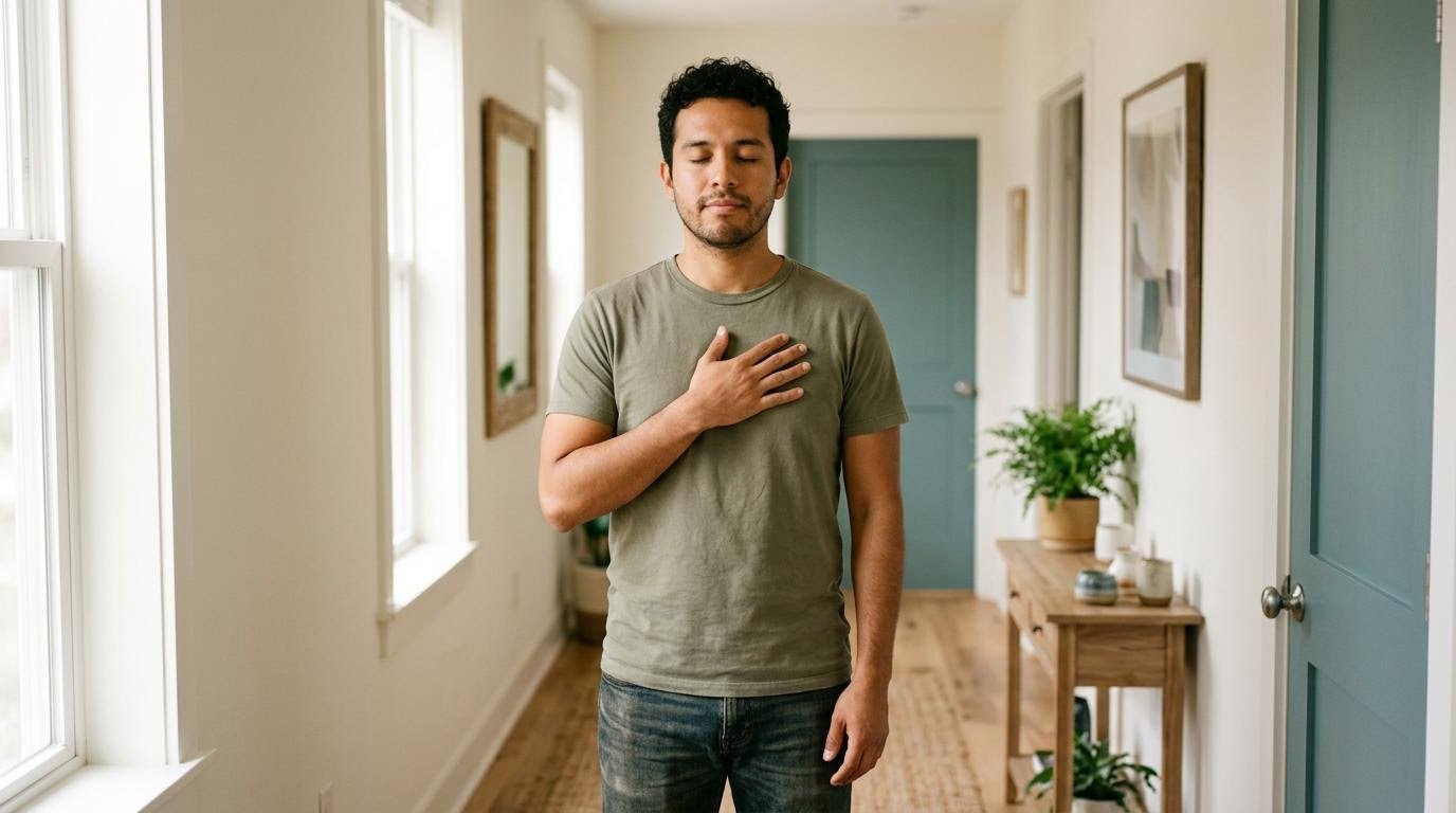 Man with a hand on his chest breathing slowly while thinking about heart attack vs anxiety symptoms