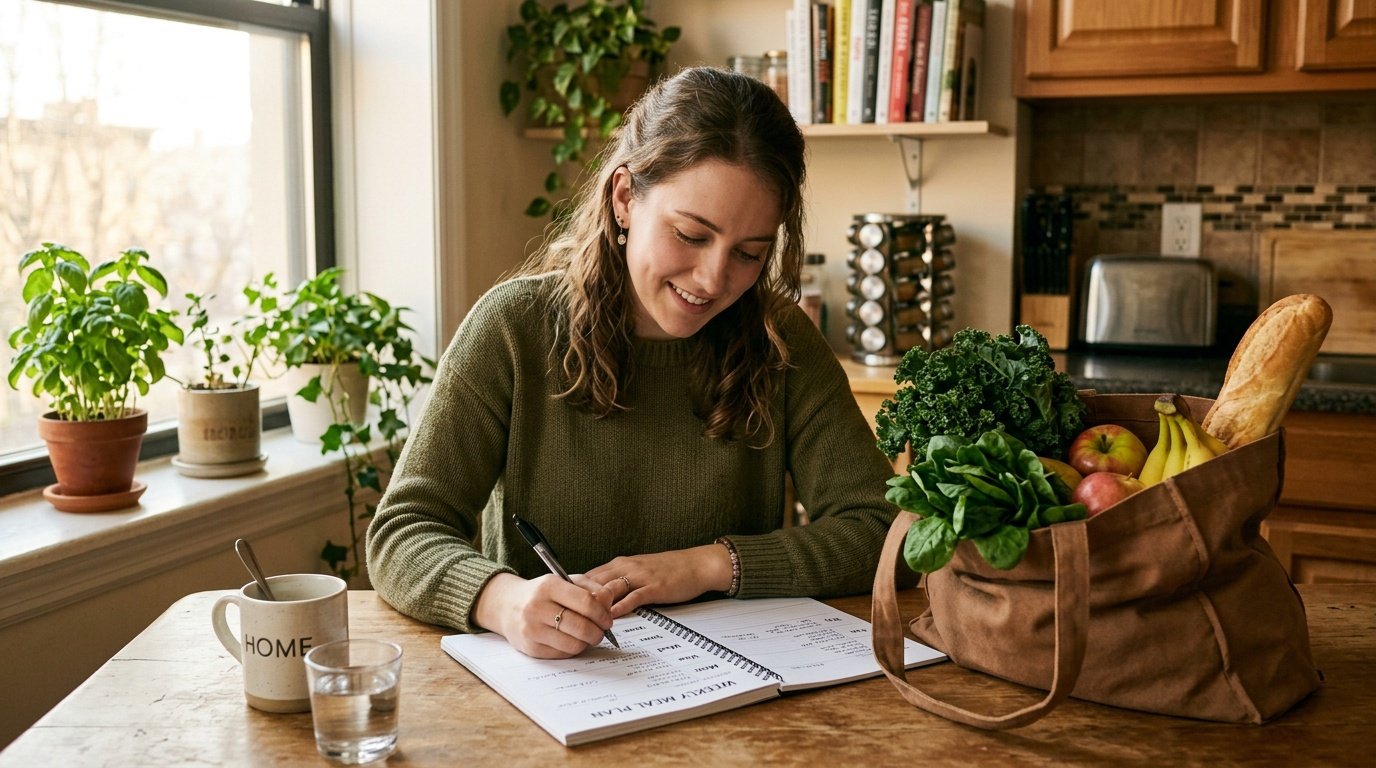 heart healthy weekly routine built around whole foods with a planning notebook and fresh groceries