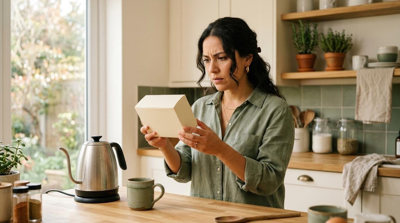 Woman inspecting a box of herbal slimming tea bags with a cautious expression in her kitchen
