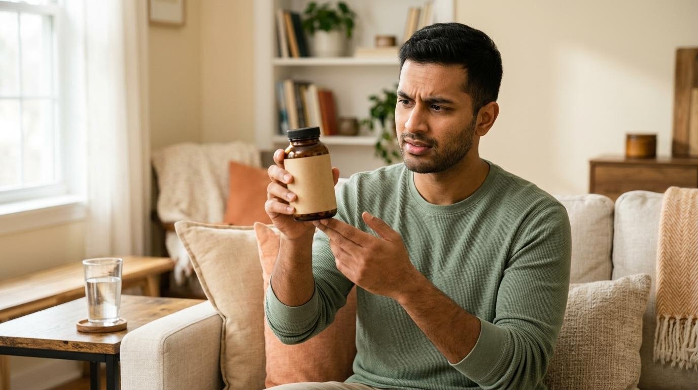 Man holding an unlabeled herbal weight loss supplement bottle and checking it carefully