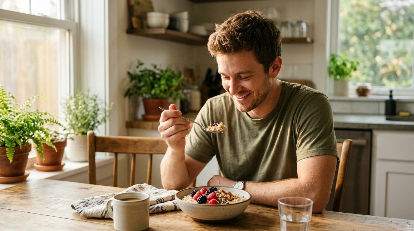young white American man eating a bowl of oatmeal and berries slowly at his kitchen table, feeling full and satisfied