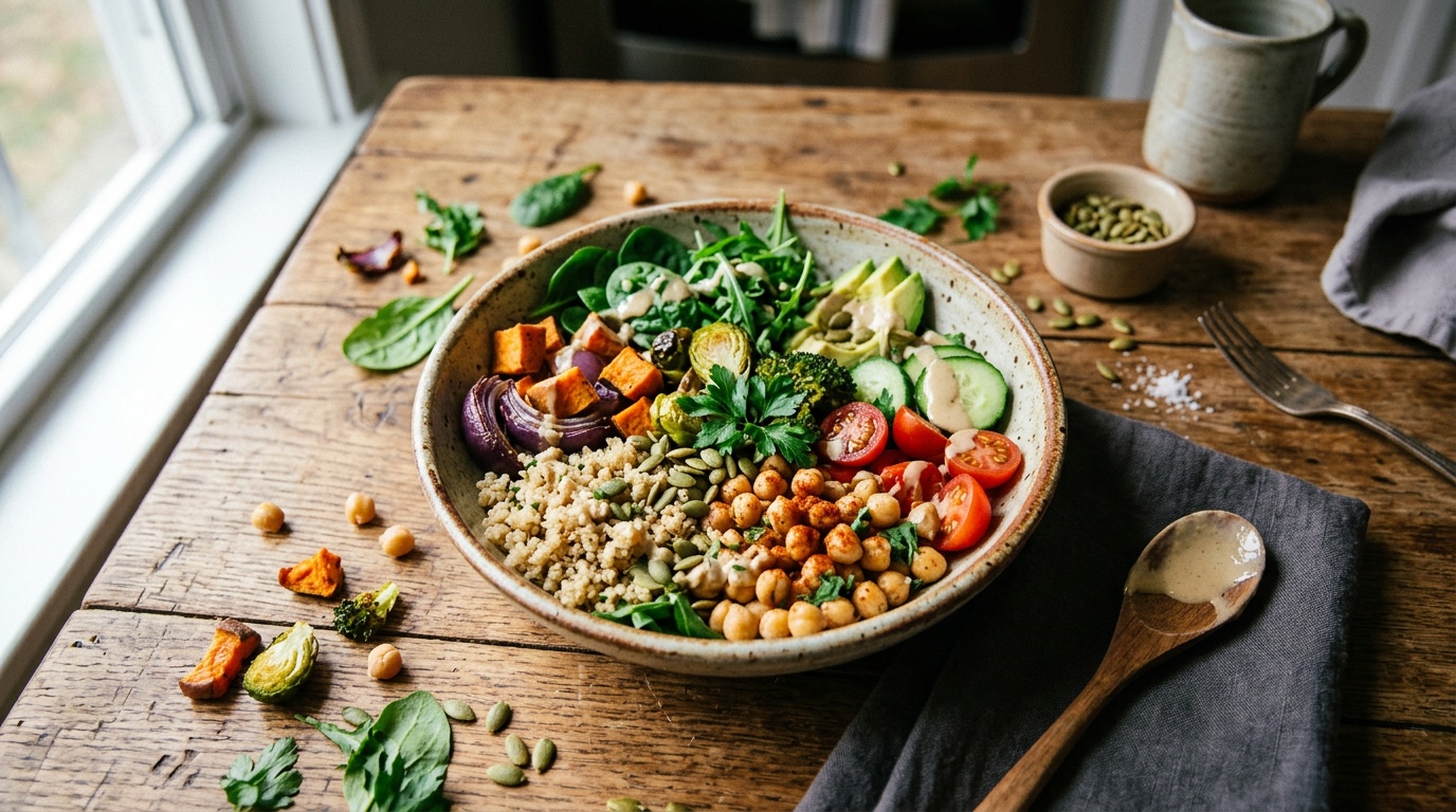 High-fiber lunch bowl with vegetables, beans, and whole grains supporting weight loss tips