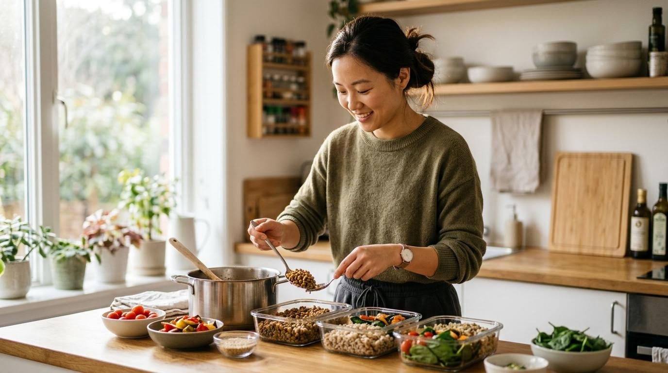 East Asian woman meal prepping lentils and whole grains in glass containers for a high fiber weight loss diet
