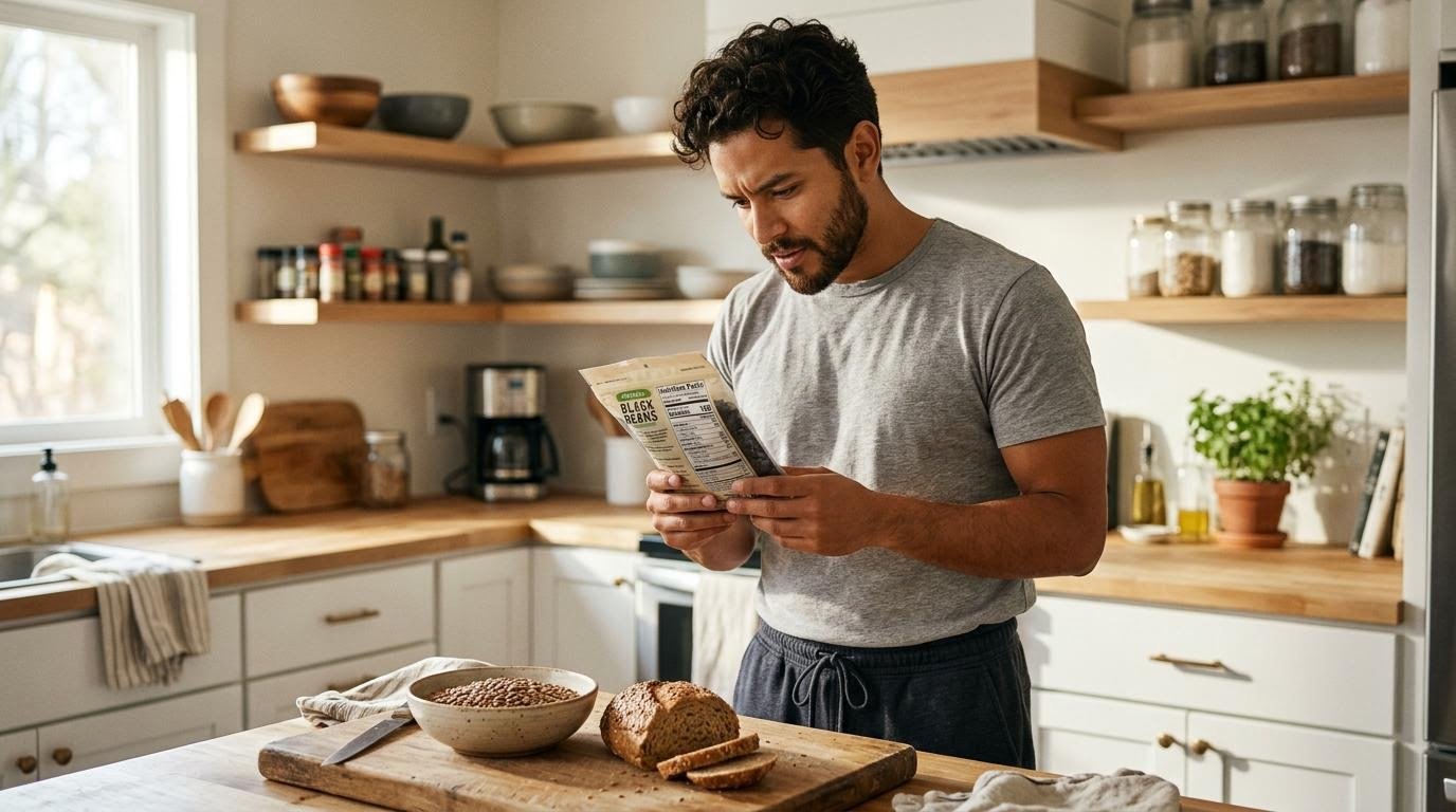 a young Hispanic man reading a nutrition label while preparing a high fiber weight loss diet meal in his kitchen