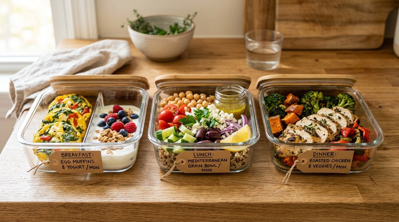 Three high protein meal prep containers labeled breakfast lunch and dinner