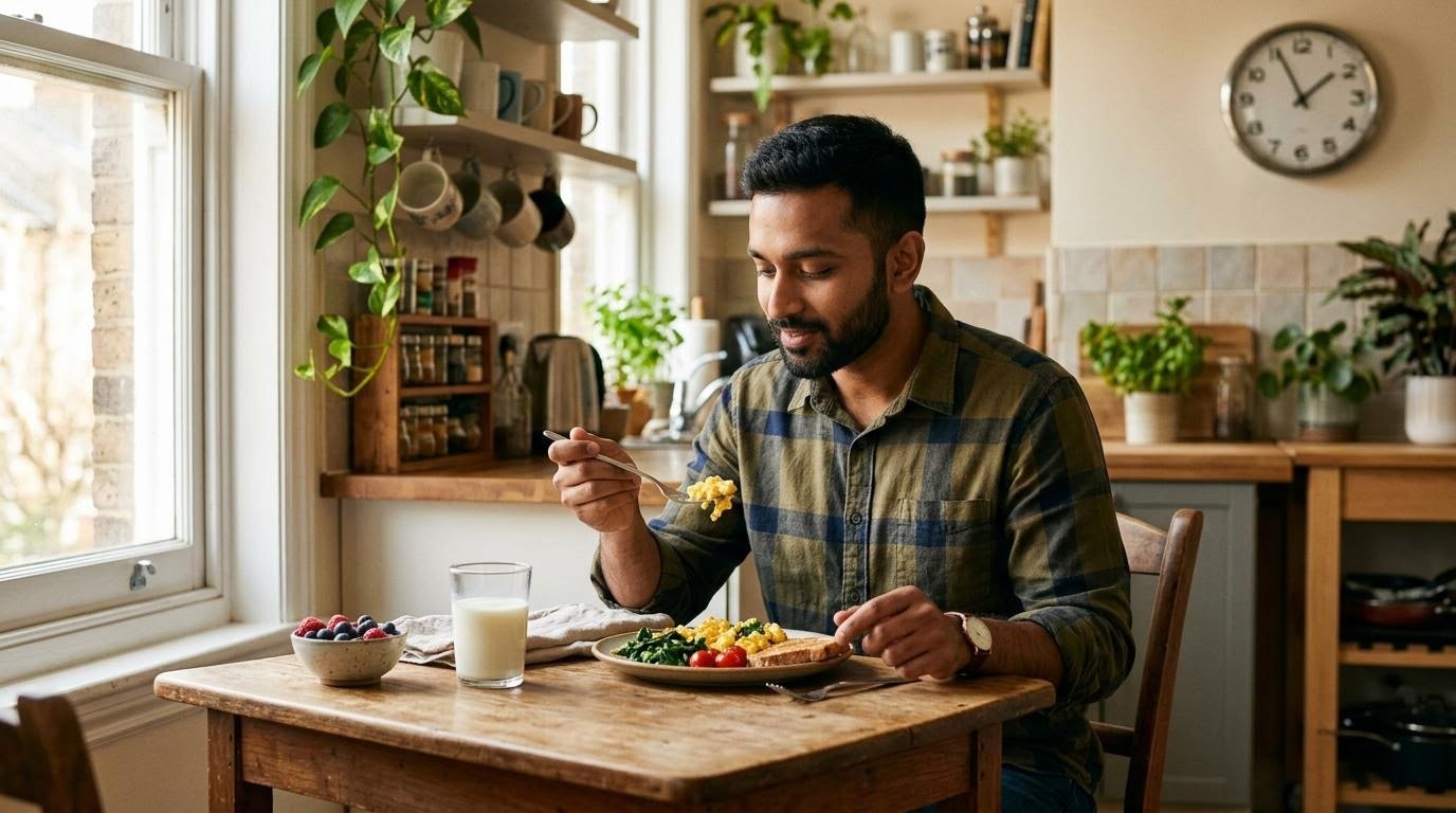 man eating a high protein scrambled egg breakfast at a kitchen table