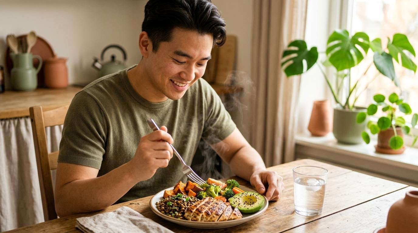 Man preparing a high-protein, high-fiber plate during an intermittent fasting 16/8 eating window