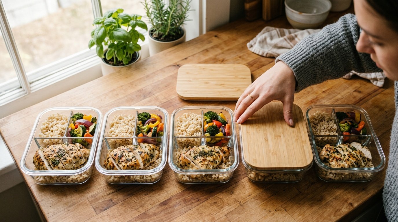 High protein meal prep containers lined up on a kitchen counter during a Sunday prep session