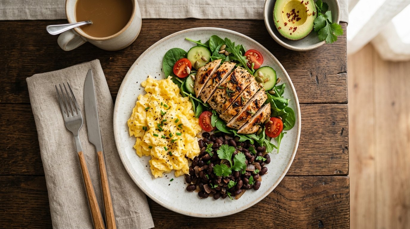 High-protein plate with eggs, chicken, and vegetables for beginner weight loss