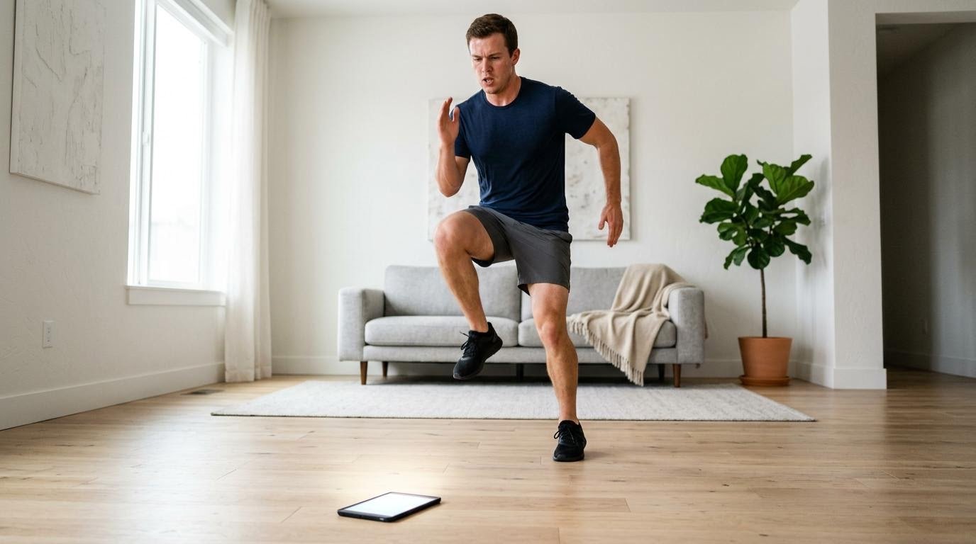Man timing a HIIT cardio workouts at home interval round with a phone on the floor
