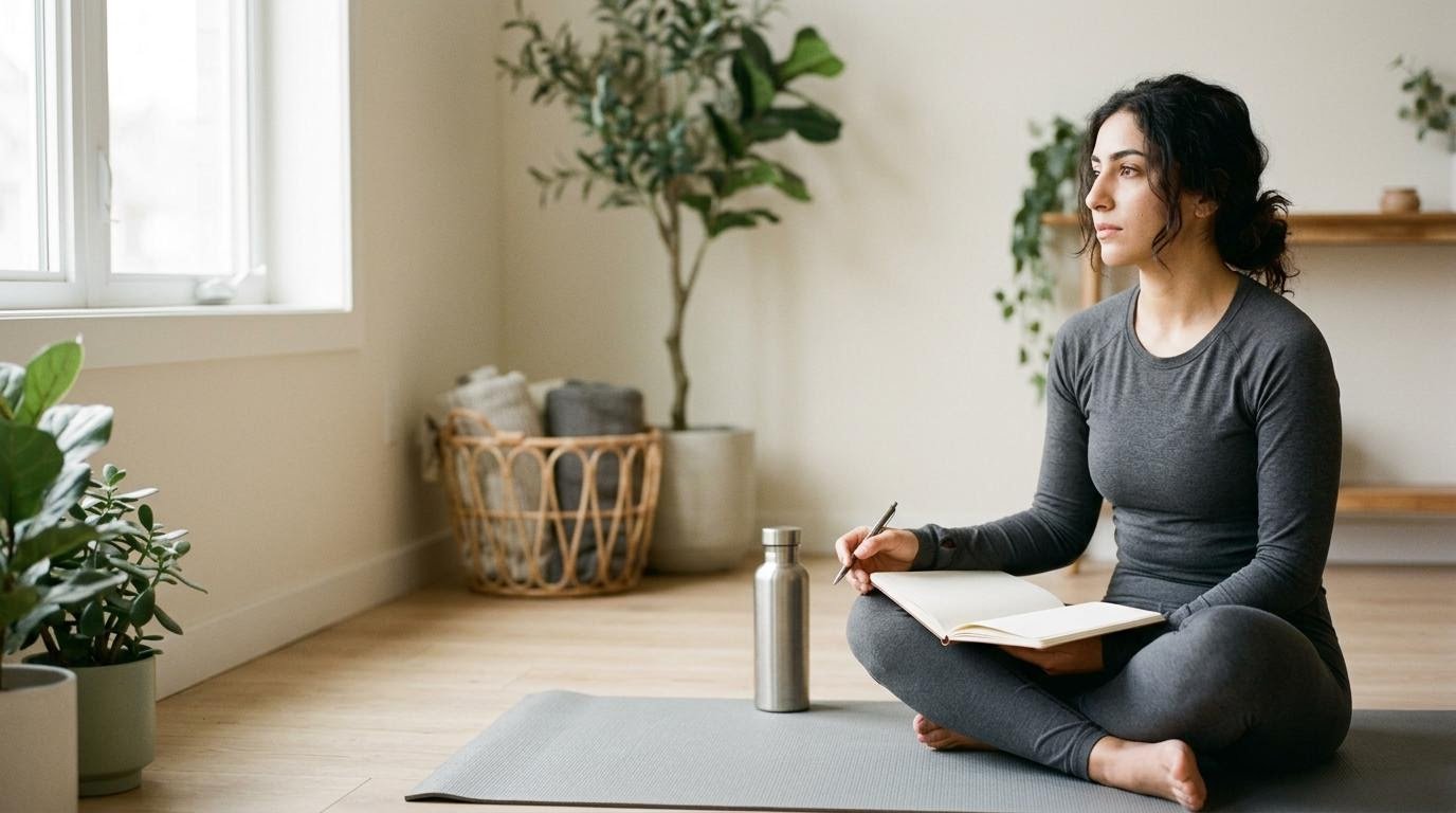 Woman resting on a mat after a workout with a notebook, thinking through hiit equipment questions
