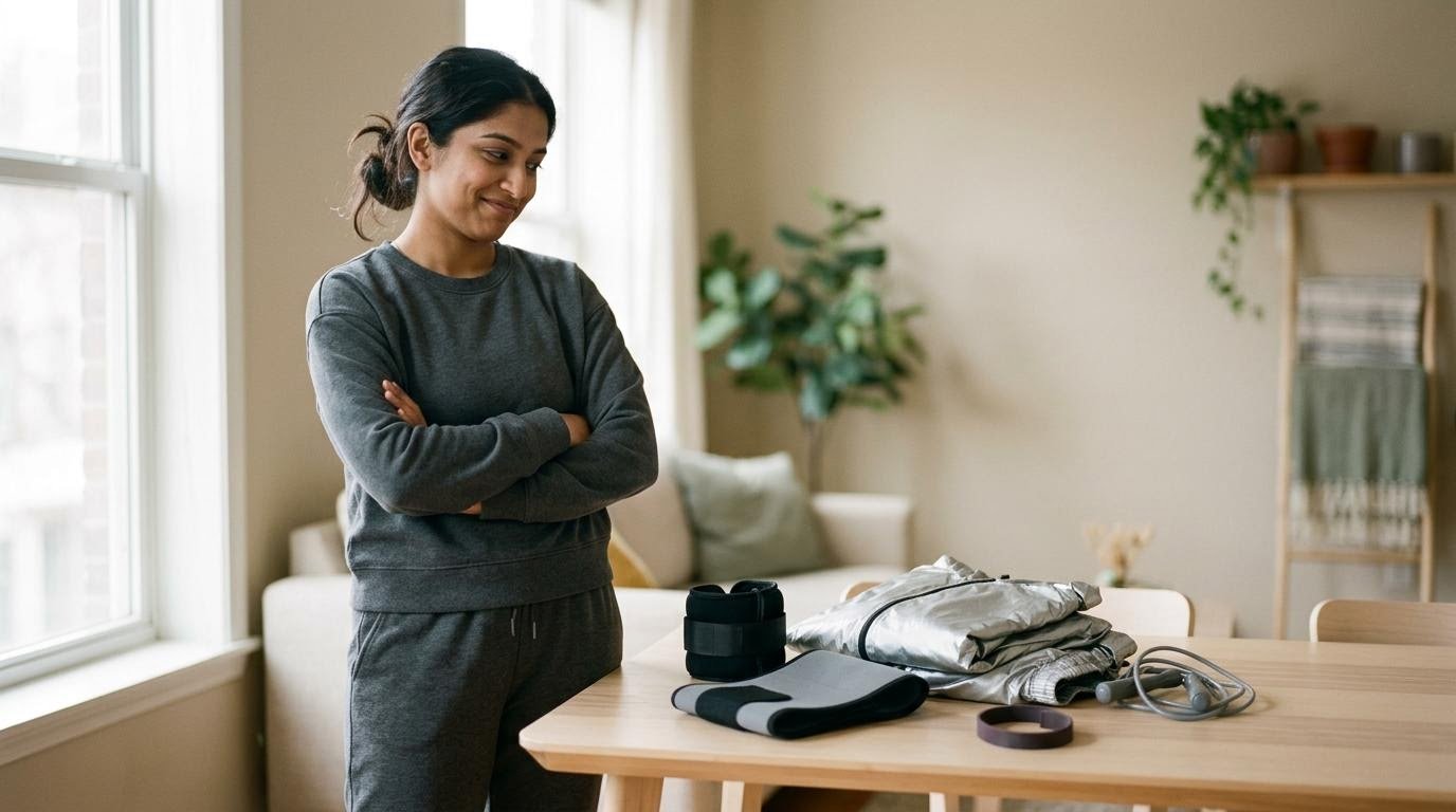 Woman setting aside ankle weights, a waist band and a sweat suit, gadgets to skip when buying hiit equipment