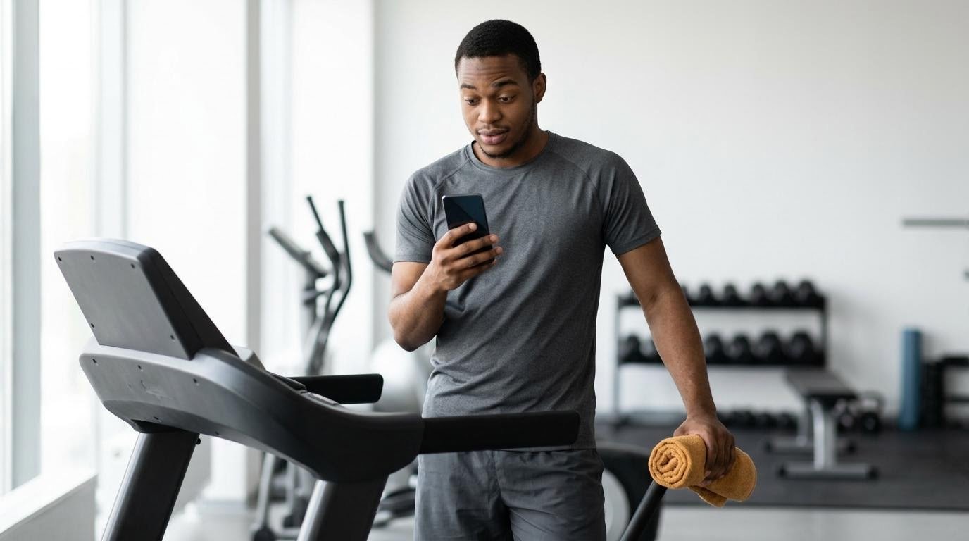 Man beside a treadmill reading a question on his phone, representing common HIIT running machine questions