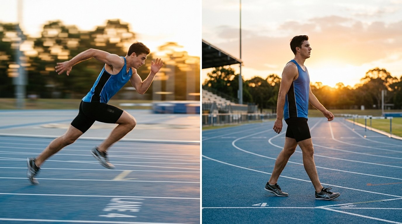 young man alternating between sprint intervals and recovery walking on an outdoor track