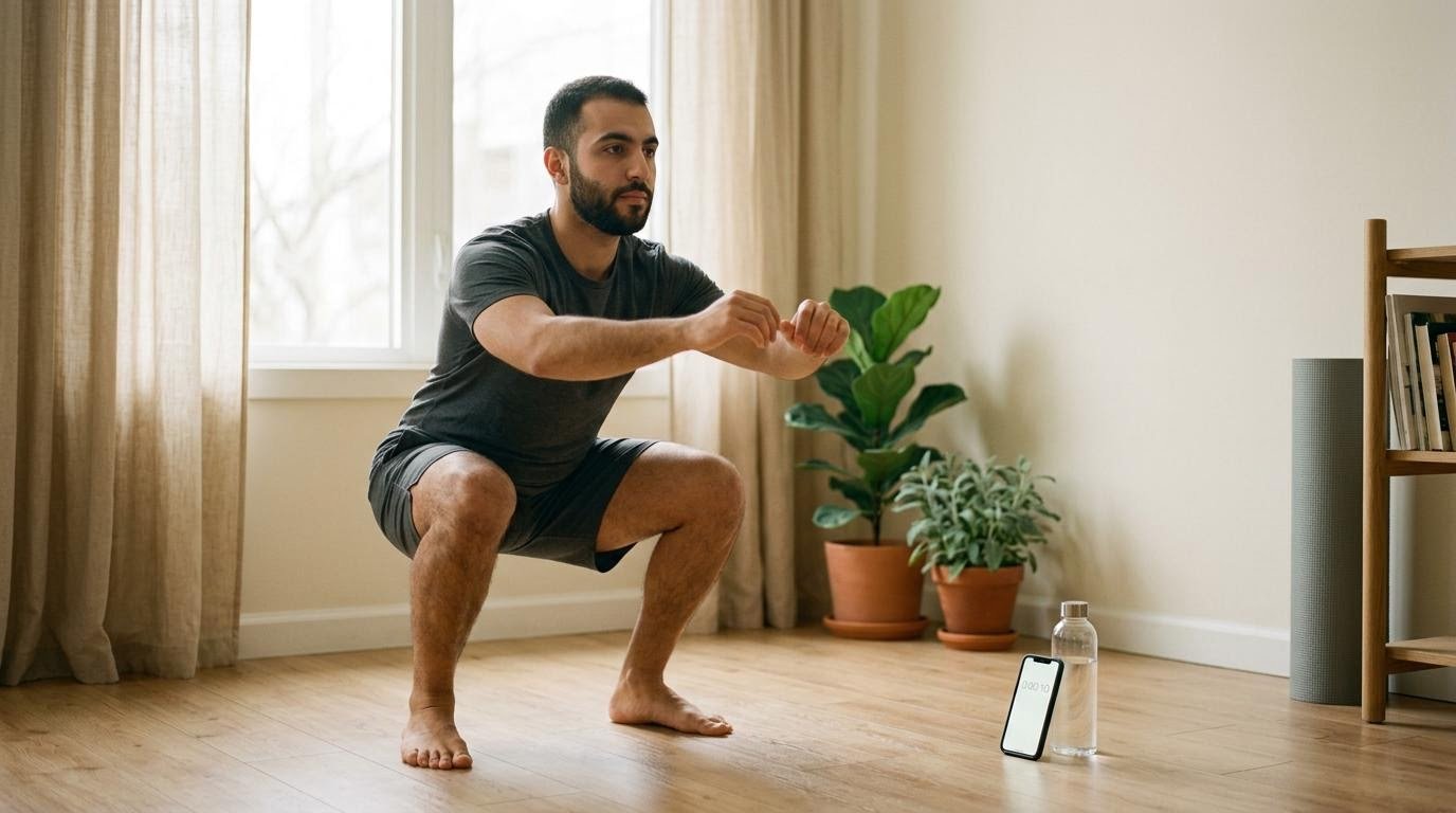 Man doing a bodyweight squat beside a phone timer, showing that the best hiit workout equipment can be a timer and a floor