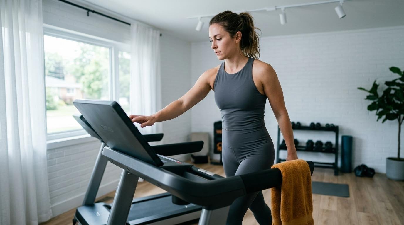 A woman setting her pace on the console before a HIIT workout running machine session in a bright home gym