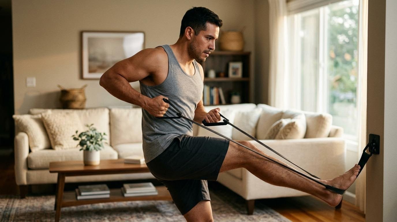 man doing a resistance band strength session to help protect muscle during a calorie deficit