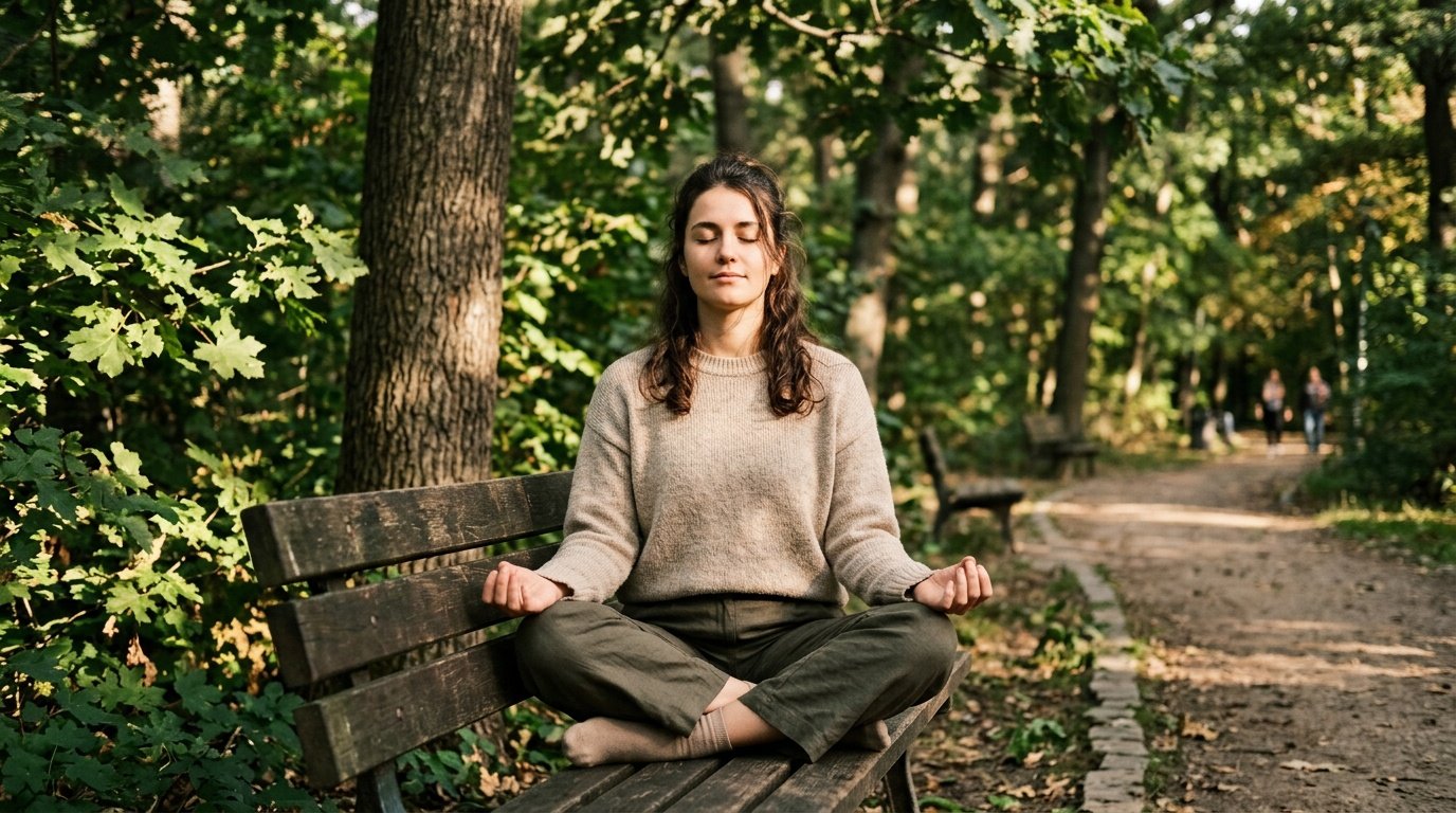 calm outdoor setting with a person practicing mindfulness on a park bench, comparing holistic mental health practices