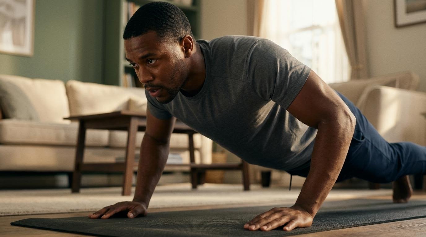 man doing a push-up at home as part of a strength routine that supports his calorie target