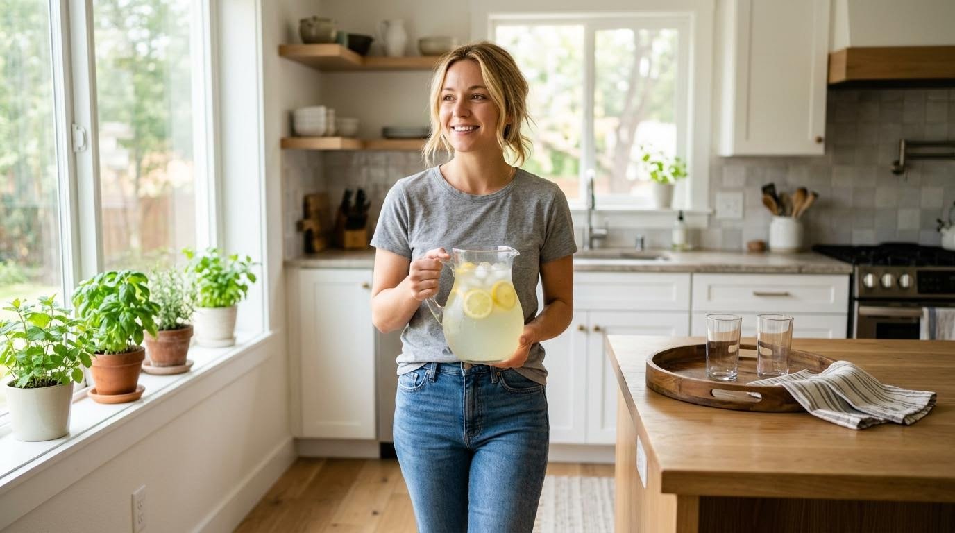 Woman carrying a pitcher of homemade citrus electrolyte drink across a bright kitchen