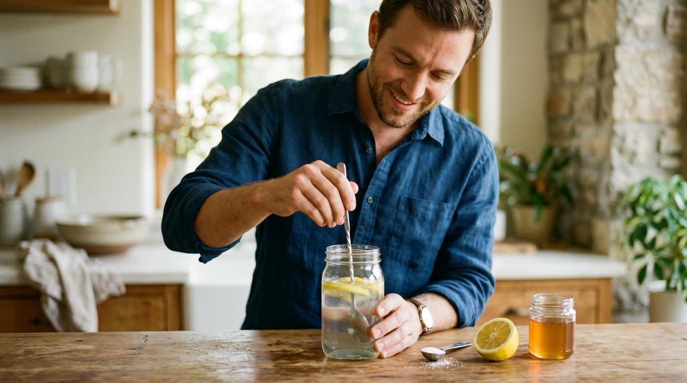 Man stirring a jar of homemade electrolyte drink beside a measuring spoon of salt, lemon half, and honey