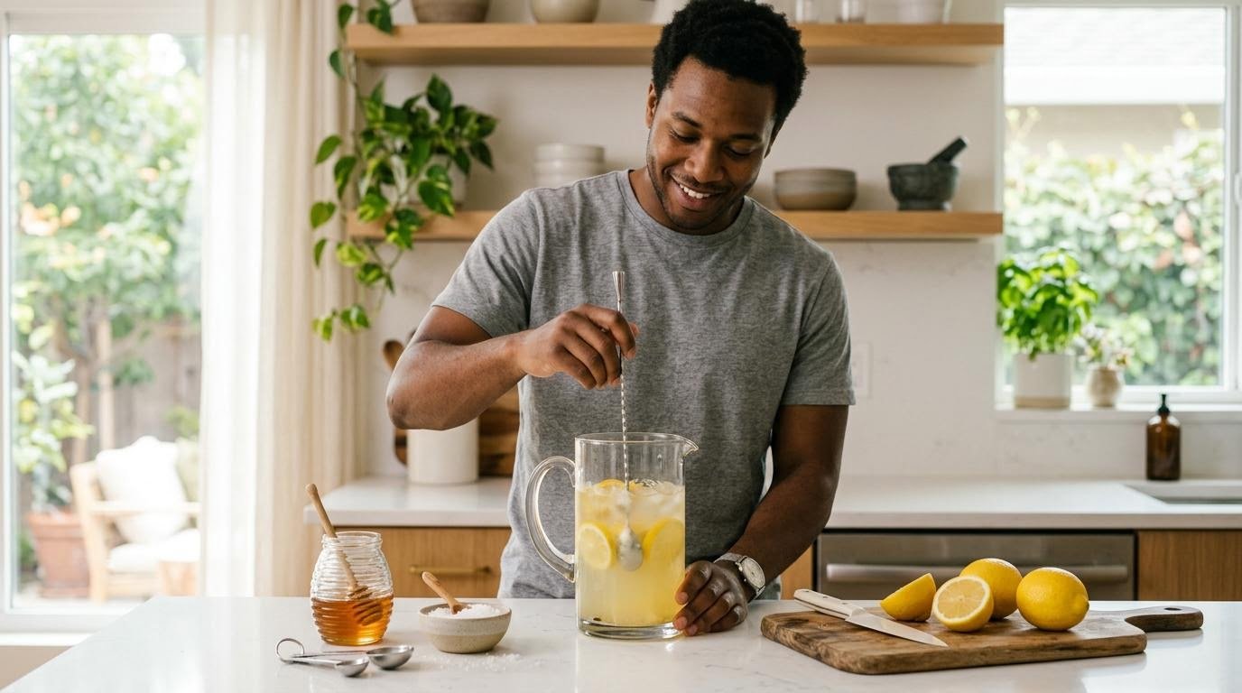Man stirring a homemade electrolyte drink in a glass pitcher with honey, salt and lemons
