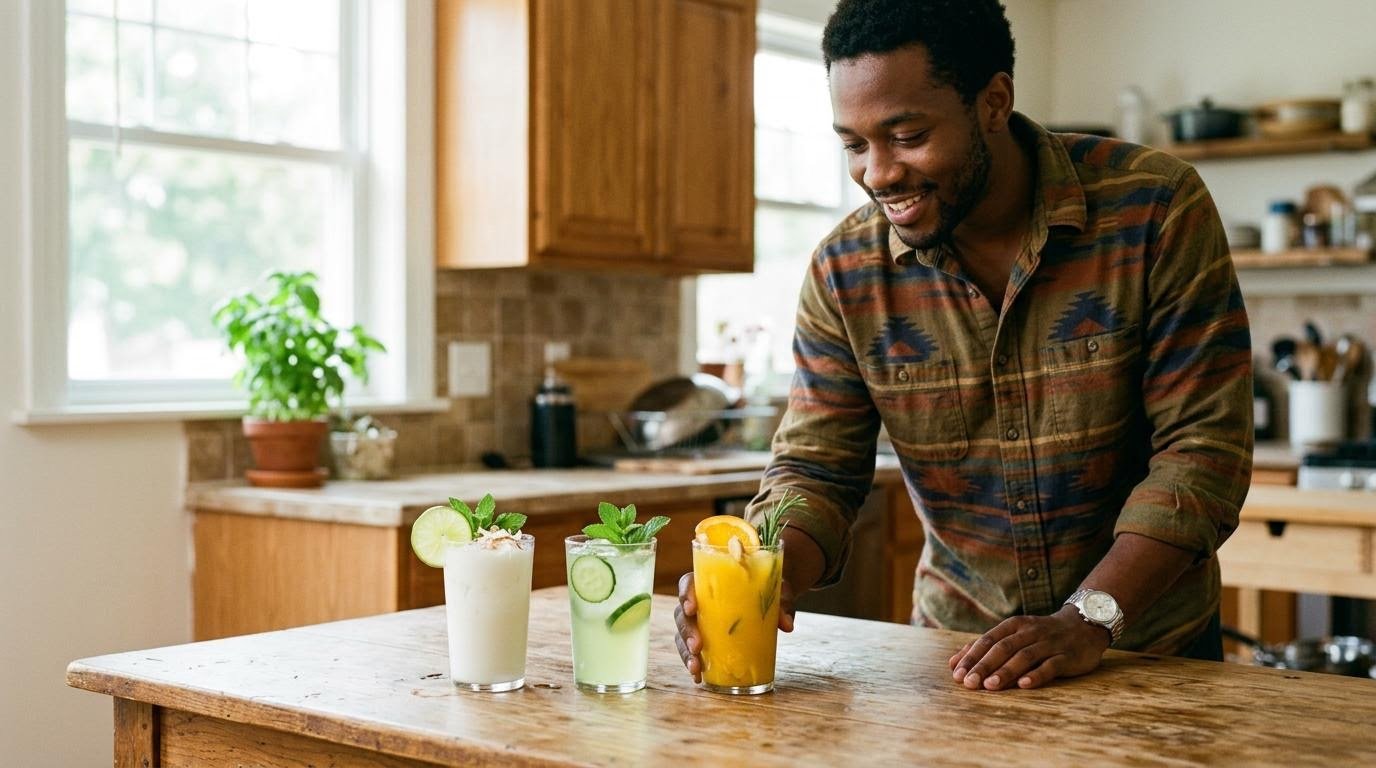 Three glasses of homemade electrolyte drink in coconut-lime, cucumber-mint, and orange-ginger flavors on a wooden table