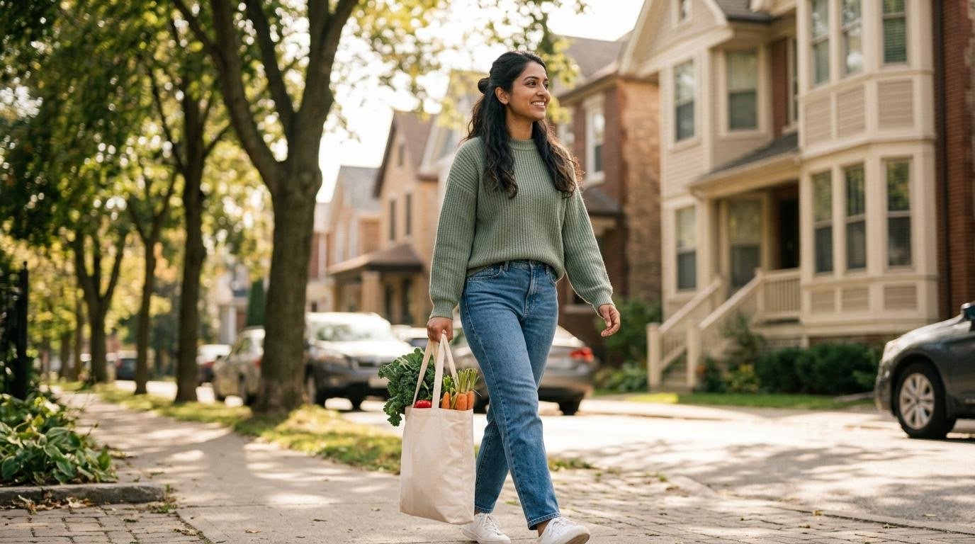 A South Asian woman walking home with fresh vegetables to raise her daily energy burn in a calorie deficit