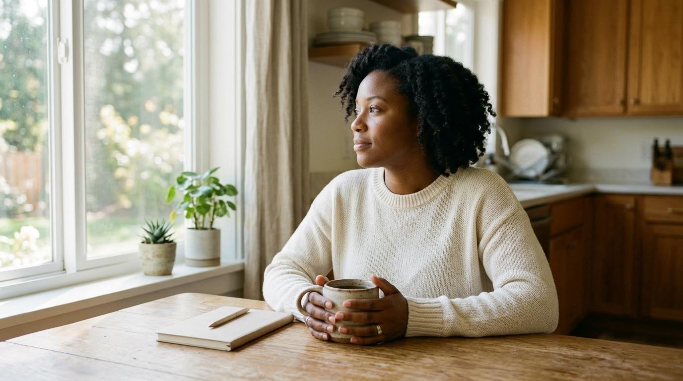 Woman at a kitchen table with tea and a notebook asking how can i lose belly fat without exercise