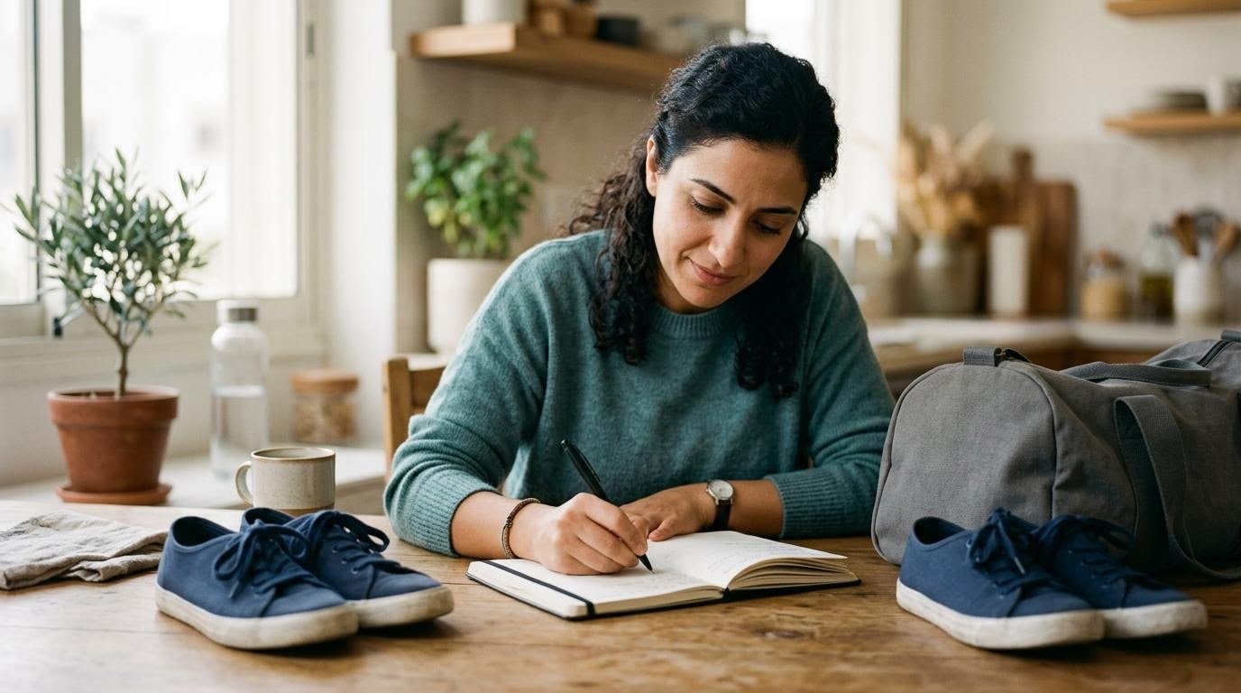 Woman filling in a paper weekly planner at her kitchen table to schedule workouts
