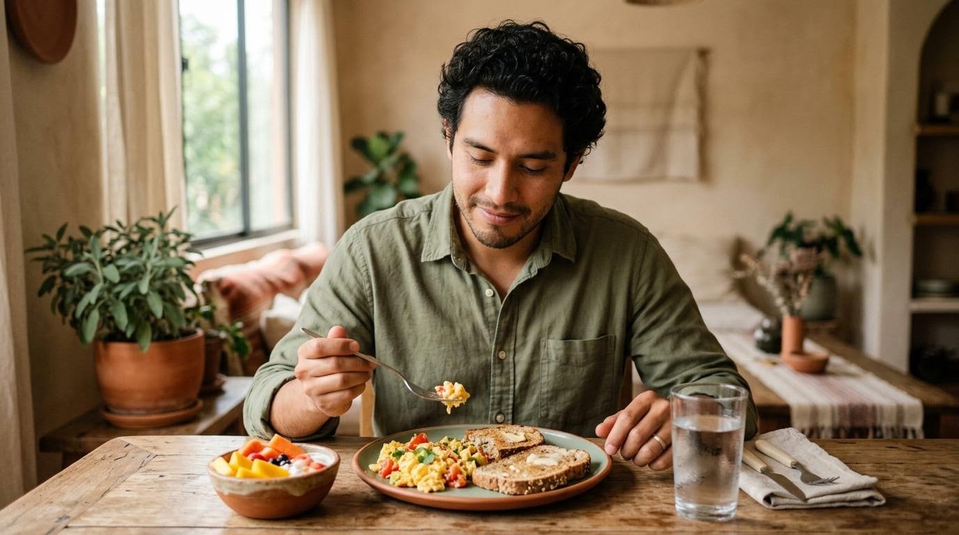 Hispanic man eating a gentle first meal of eggs and fruit to break his intermittent fasting 16/8 fast