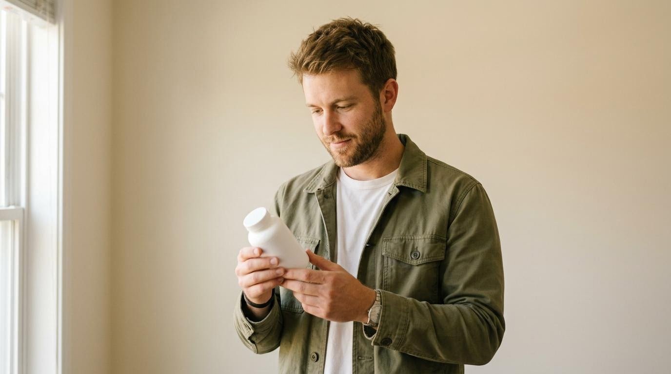 White American man in his late 20s reading the supplement facts panel on a probiotic bottle in a pharmacy aisle